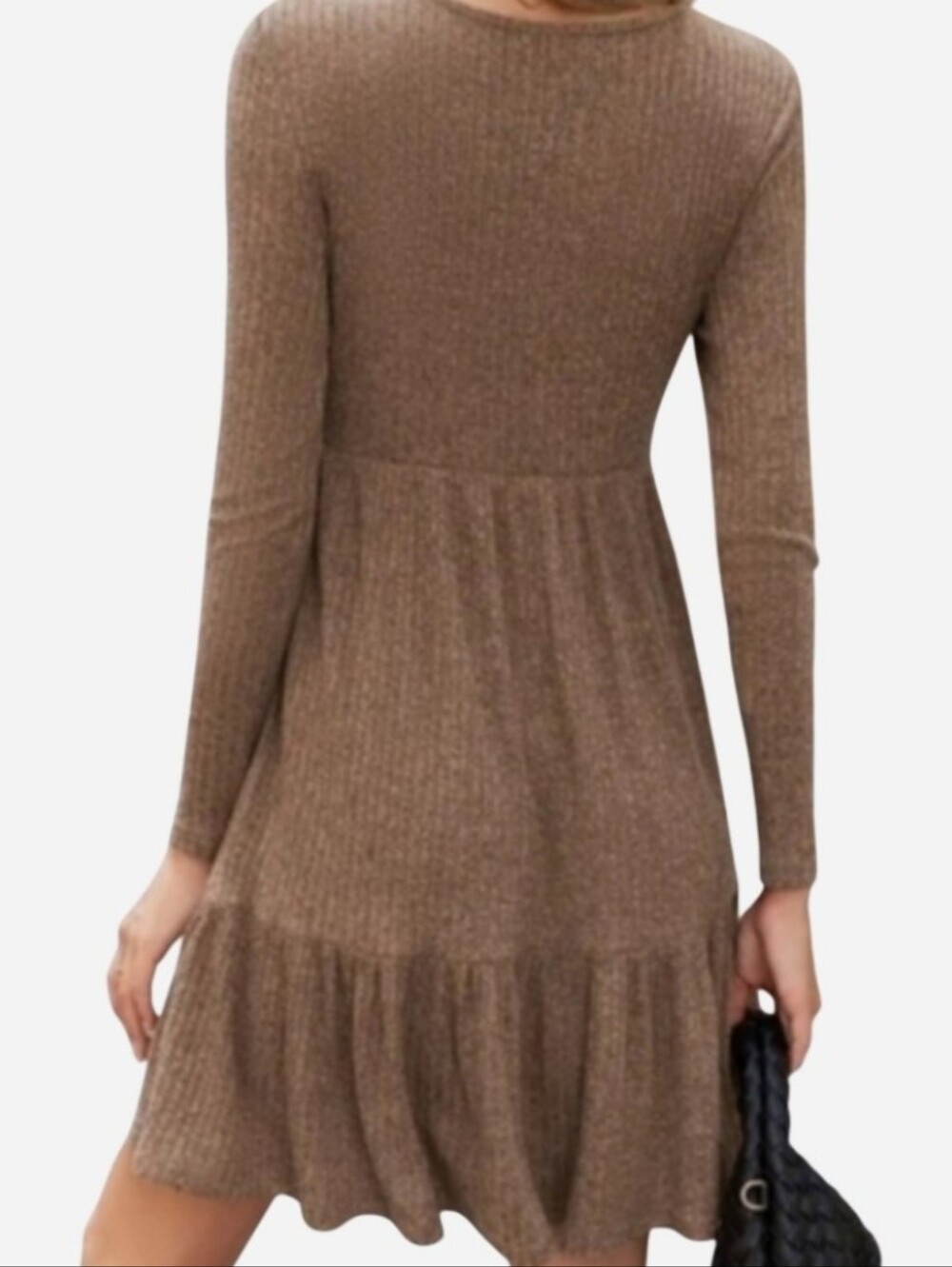 Heathered Taupe, Mocha Brown Ribbed Long Sleeve Flounce Mini Dress BRAND NEW - Picture 2 of 7
